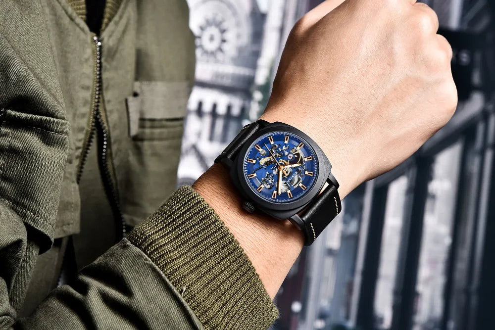 BENYAR Watch for Men Luxury Skeleton Tourbillon Automatic Mechanical Mens Watch 30M Waterproof Leather Strap Sports Reloj Hombre