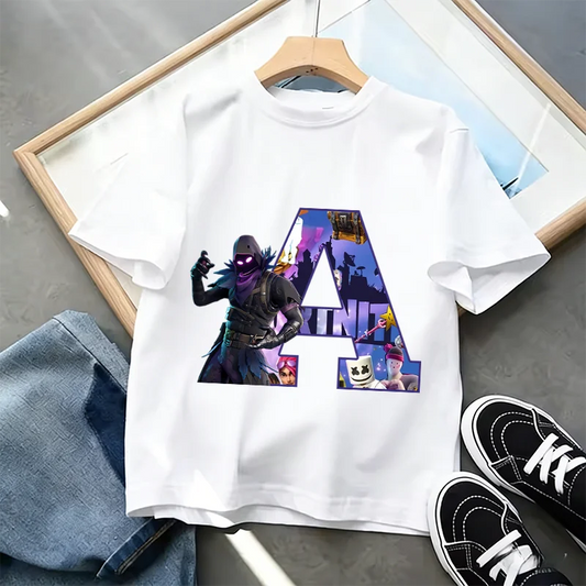 Тениска Fortnite A-Z Alphabet Print за деца, лятна бяла дреха, популярна тениска с анимационна игра, модерен ежедневен топ с къс ръкав, подарък