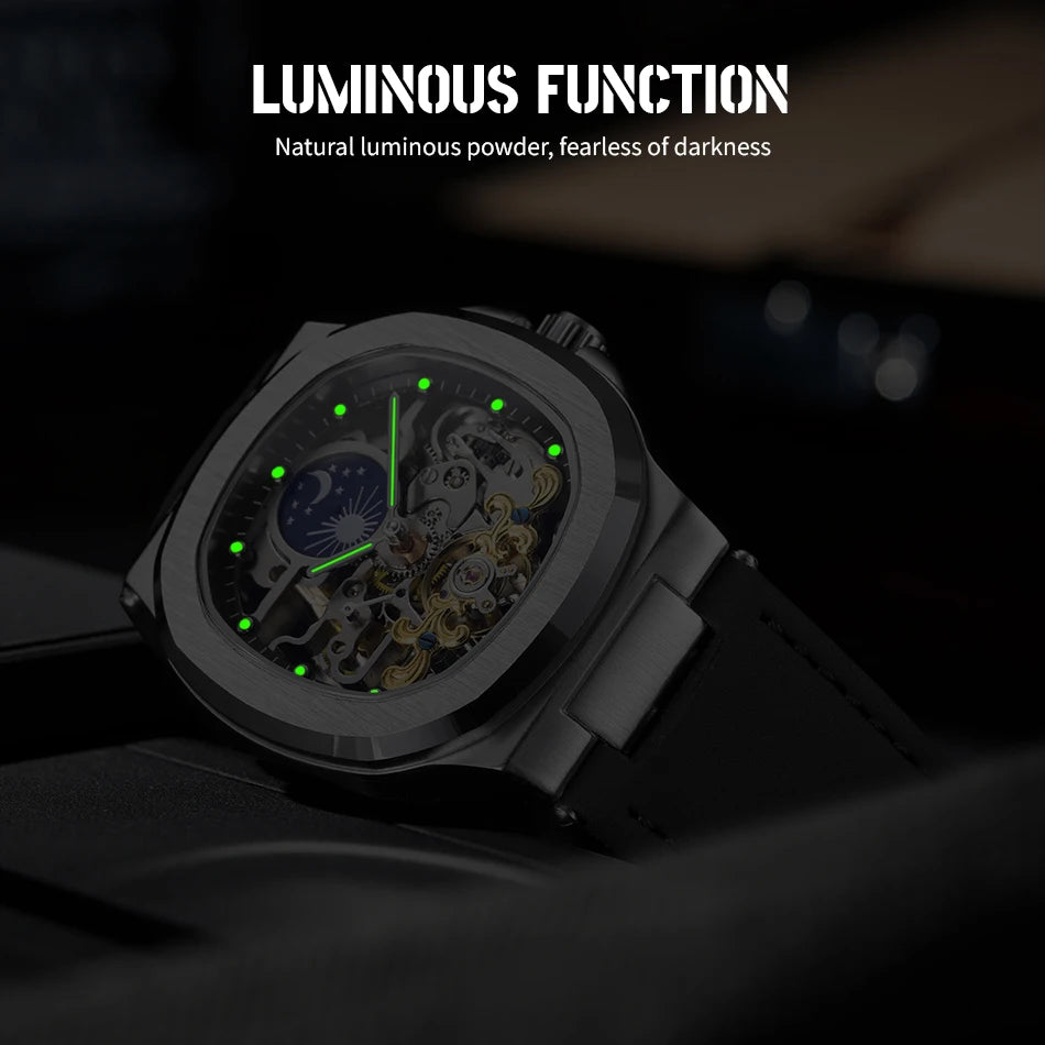 2025High-end Luxury SKROX Square Man Watch Sapphire Tourbillon Steel Skeleton Moon Phase Automatic Movement Leather Male Watches