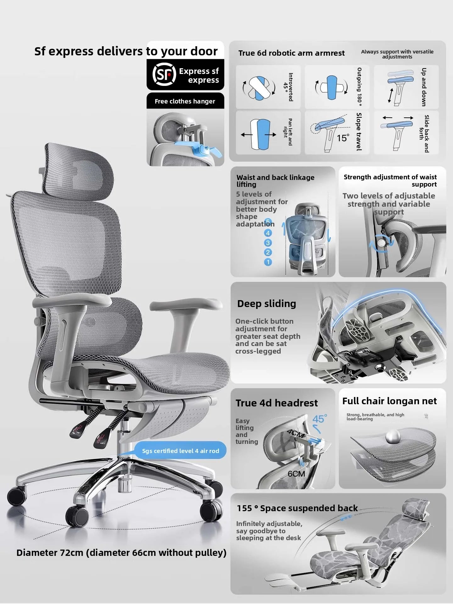 Ergonomic Office Chair Comfortable Long Sitting Home Gaming Computer Recliner Nap Chair Adjustable Height Lumbar Support Swivel