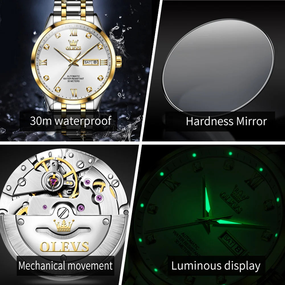 OLEVS 9946 Brand Original Man Watch Dual Calendar Diamond Scale Luxury Automatic Mechanical Watch for Men Business Wristwatches