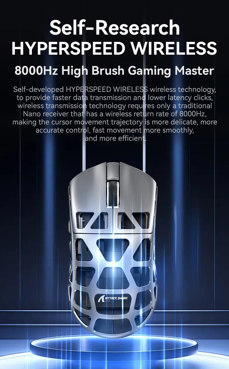 ATTACK SHARK R3 Gaming Mouse Magnesium Alloy Honeycomb,Ultra-Lightweight 8K Hz, PAW3395 Sensor, 26000 DPI, Ergonomic Shel