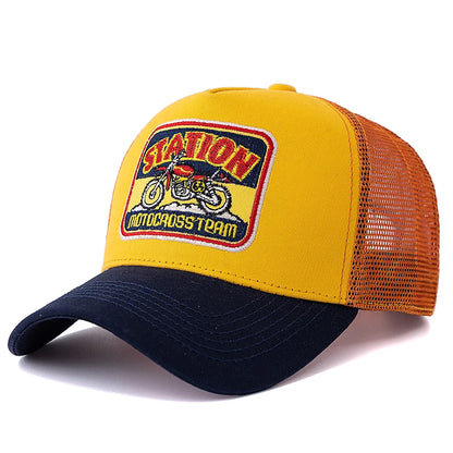 Unisex-mesh-trucker-kasket med klassisk motorcykelmønster, åndbar sommer-baseballkasket, streetwear-kasket til mænd og kvinder