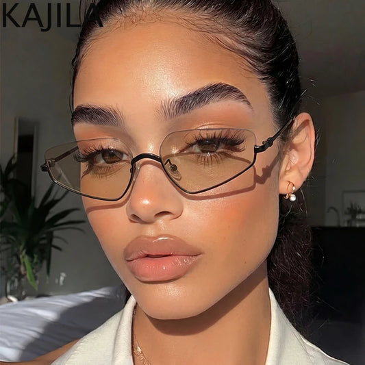 Vintage Semi-Rimless Polygon Punk Sunglasses Women 2026 Luxury Brand Cat Eye Metal Small Frame Sun Glasses Ladies Classic Shades