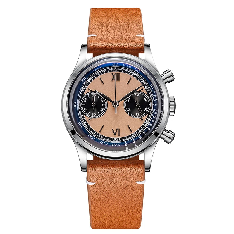 ADDIESDIVE AD2037 Men Quartz Watch Multifunctional 24 Hour Chronograph Black Dial Leather Watches 100m Dive Business Wristwatch