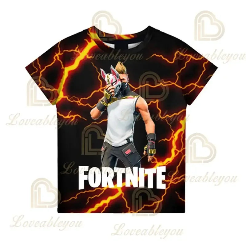 Camiseta infantil de verano Cartoon Fortnite con estampado 3D, para niños y niñas, streetwear para adultos y niños, camiseta divertida de cuello redondo