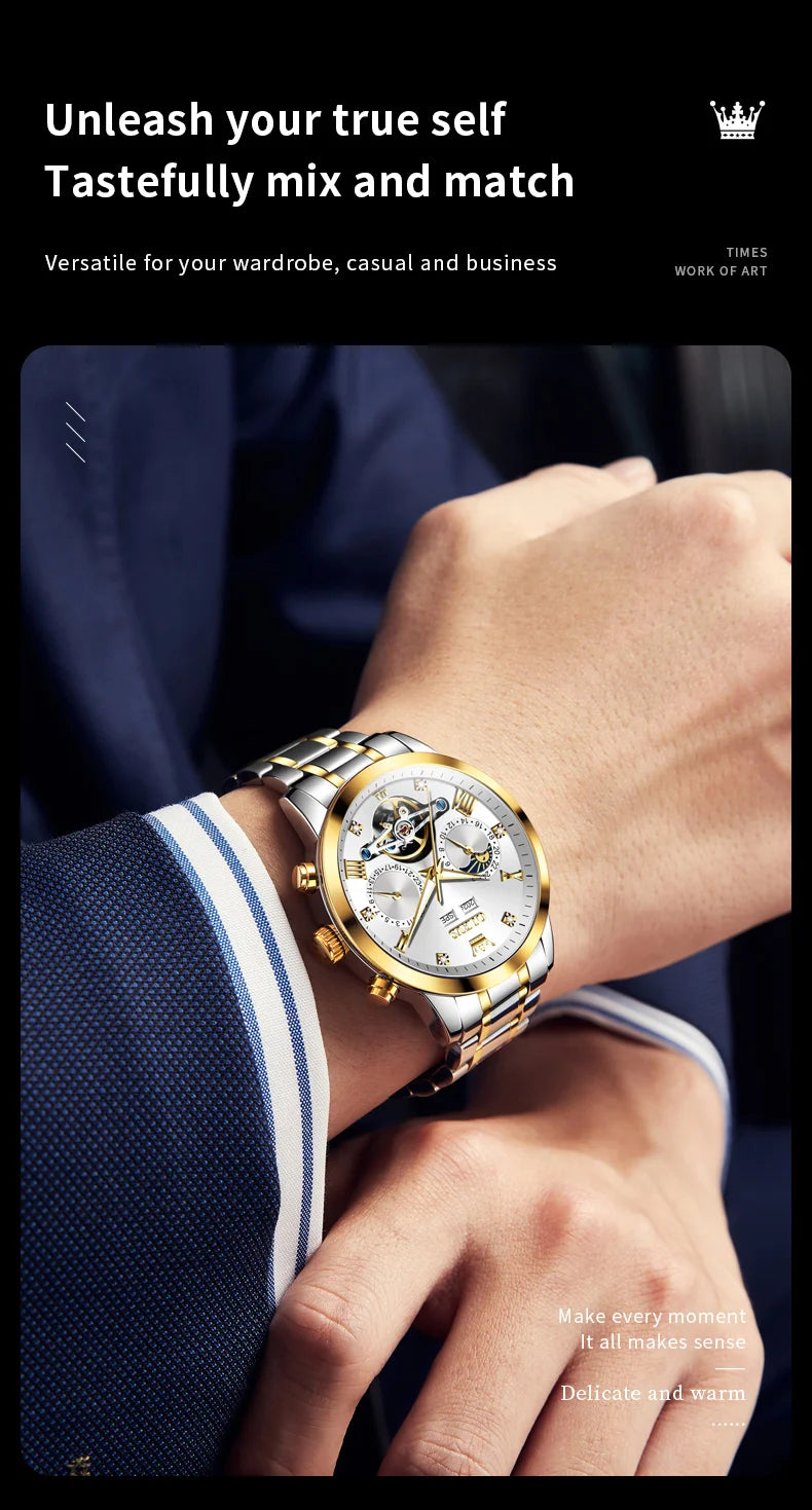 OLEVS Men's Watches Moon Phase Hollow Flywheel Exclusive Original Automatic Mechanical Watches For Men Luxury Man Watch New 7029