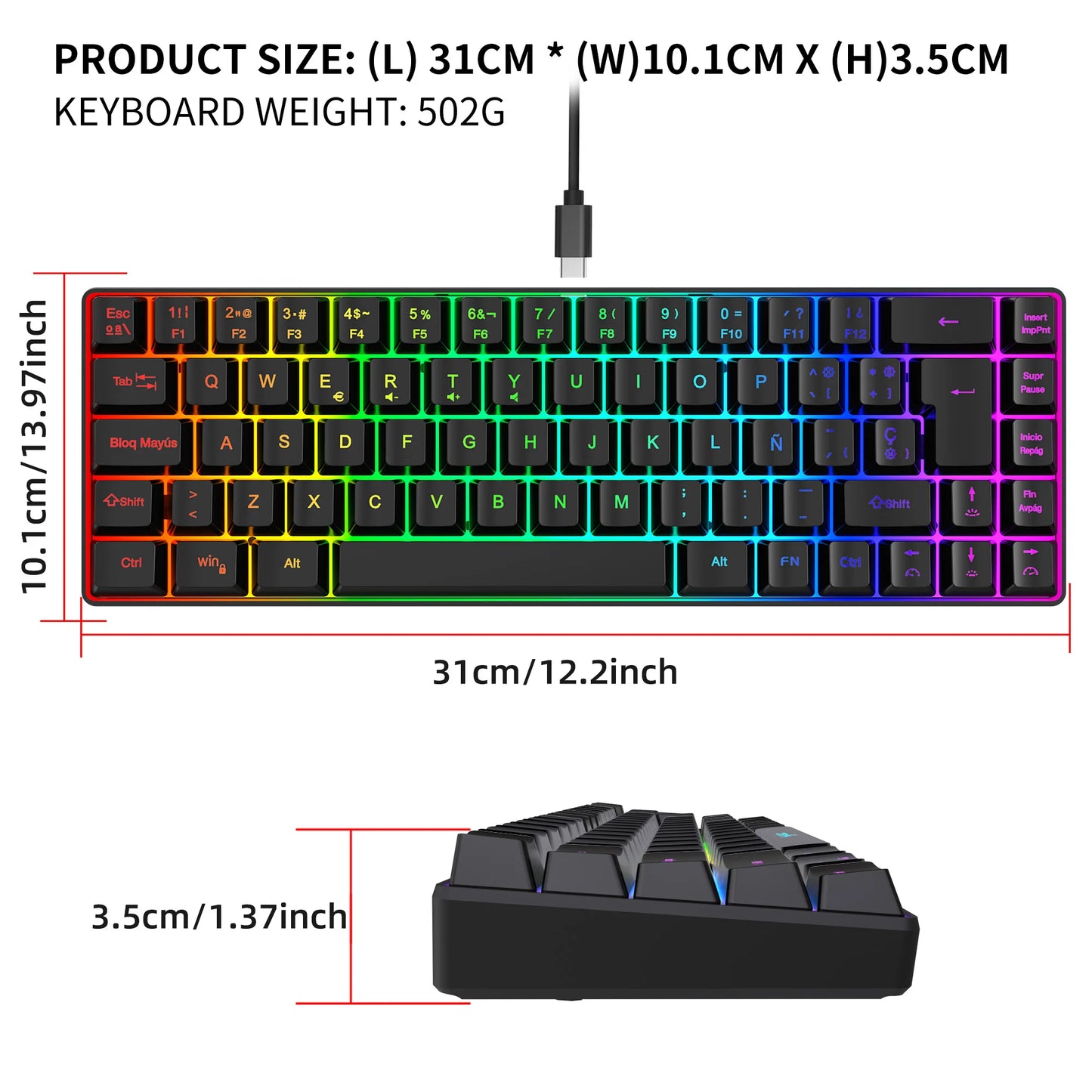 ¡Oferta destacada! Teclado gaming con cable de 69 teclas en español, retroiluminación RGB, diseño compacto al 68%, un accesorio imprescindible para profesionales de oficina y gamers