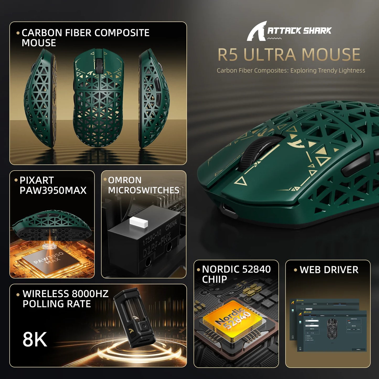 ATTACK SHARK R5 Ultra Carbon Fiber bezdrátová herní myš, herní snímač PixArt PAW3950MAX, 42000DPI, 8000Hz, MCU Nordic 52840