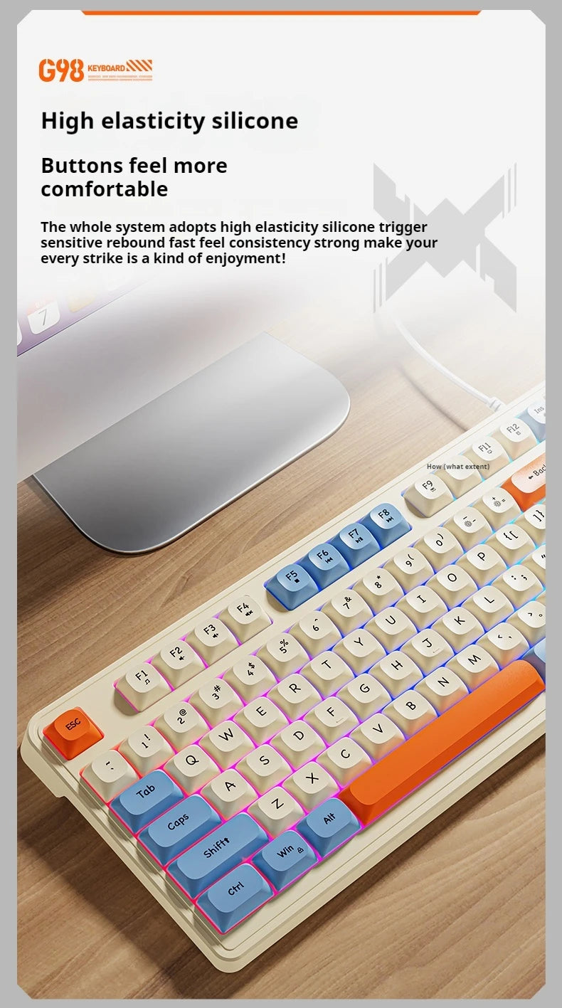 Teclado gaming de oficina EWEADN G98, membrana con retroiluminación arcoíris, USB con cable, externo y silencioso, área numérica, diseño Digh