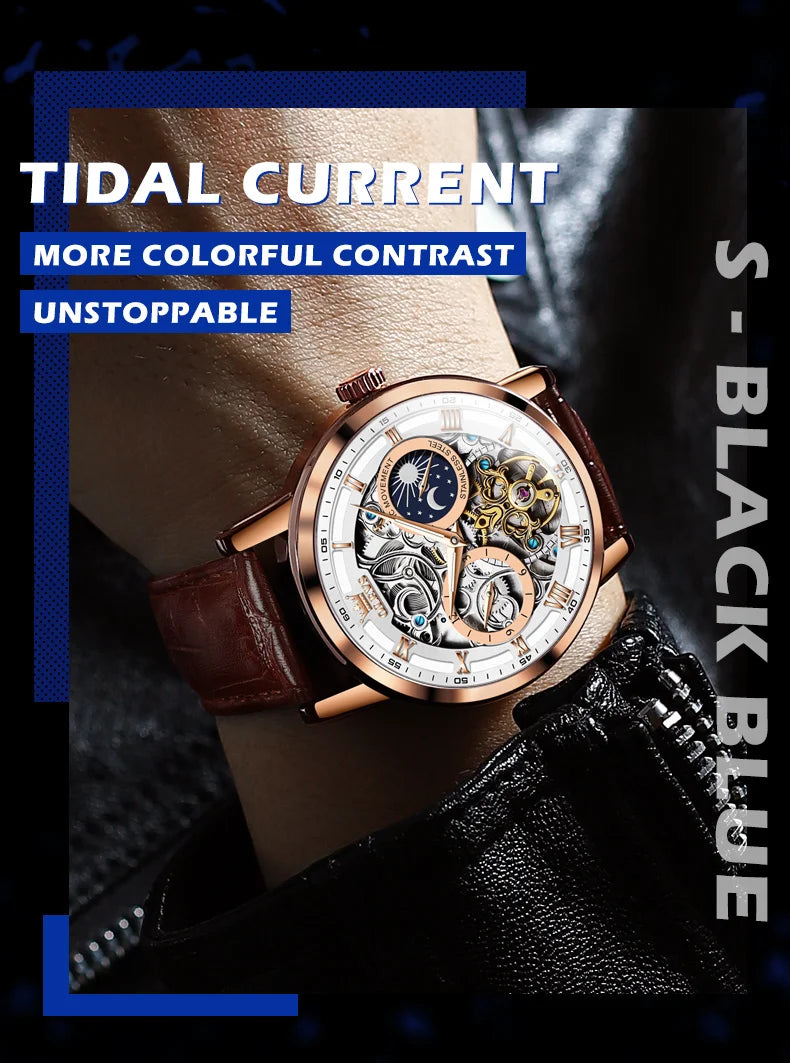 OLEVS Top Brand Men's Skeleton Mechanical Watch, Waterproof Leather Strap, Moon Phase, Automatic Tourbillon Wristwatch