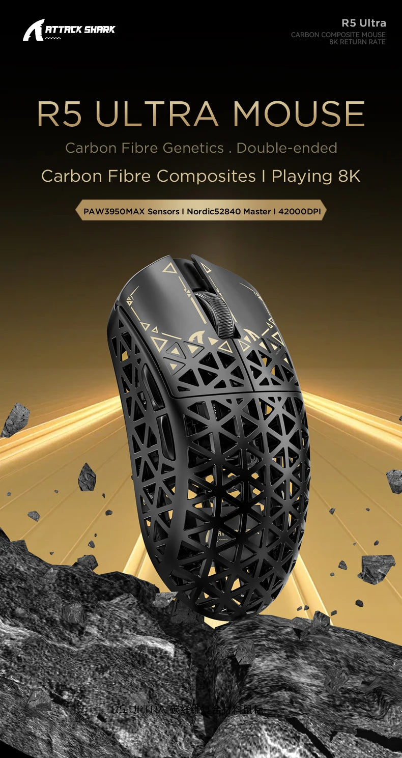 ATTACK SHARK R5 ULTRA Wireless Gaming Mouse - 8K Polling,PAW3950MAX Sensor,42,000 DPI,Carbon Fiber Ultra-Light for Pro Esport