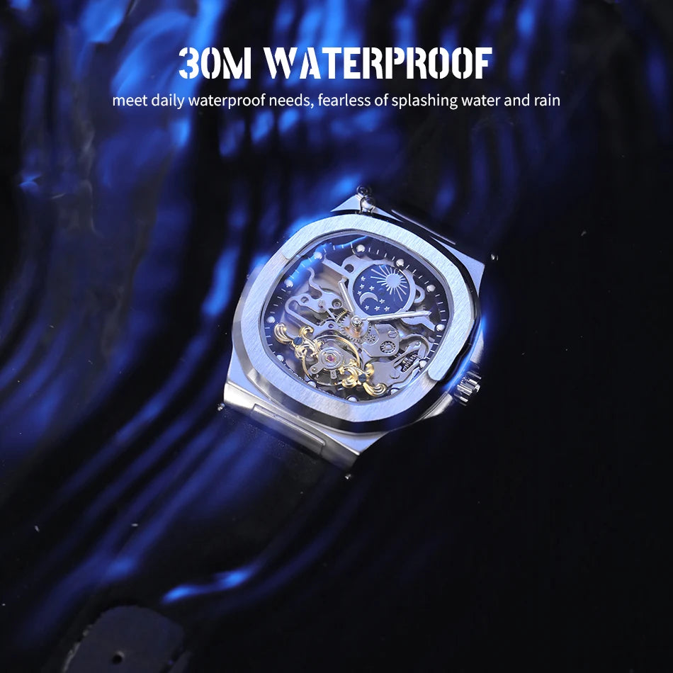 2025High-end Luxury SKROX Square Man Watch Sapphire Tourbillon Steel Skeleton Moon Phase Automatic Movement Leather Male Watches
