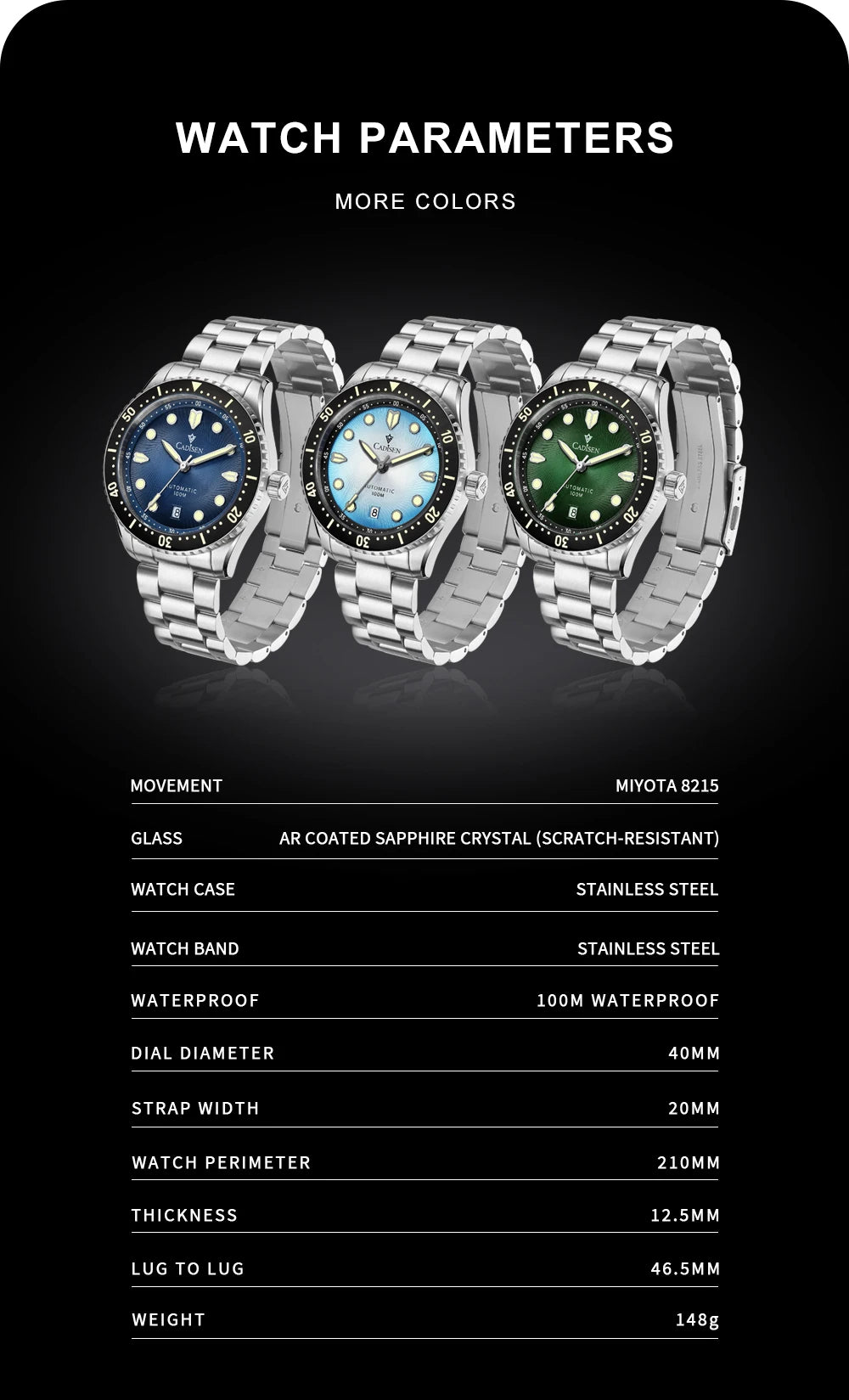 CADISEN Mechanical Automatic Watch Luxury Sapphire Japan MIYOTA 8215 Blue Wristwatch Ceramic Ring Waterproof Gift Men Watch