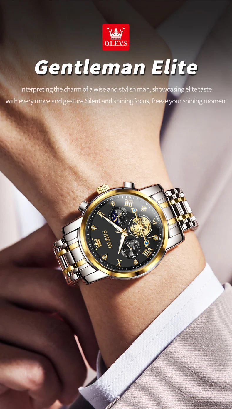 OLEVS Men's Watches Classic Multifunctional Flywheel Chronograph Original Quartz Wristwatch Moon Phase 24 Hour Waterproof Watch