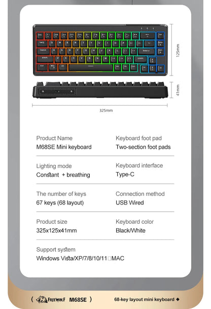 FREEWOLF M68SE Tastatur mit mechanischem Tippgefühl, 68 Tasten, Mini, kabelgebunden, kompakt und leise, für Laptops, Gaming und Bürogebrauch