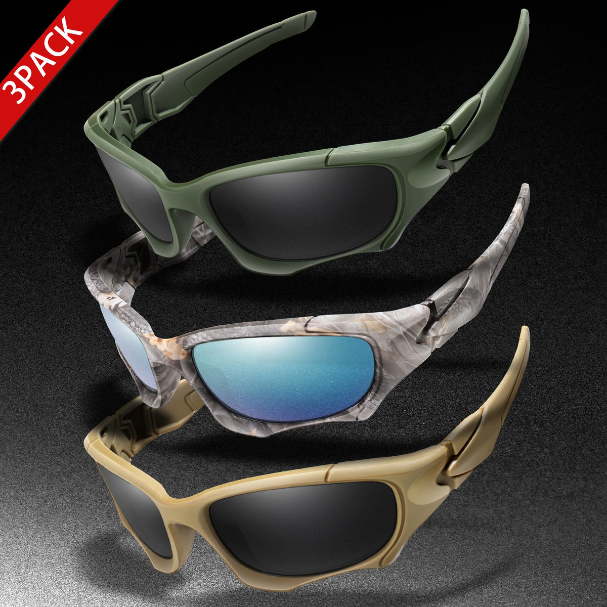 3-PACK Trendiga Outdoor Tactics-sportglasögon för män och kvinnor – cykelglasögon, bilkörning, camping, resor – färgglada skyddsglasögon