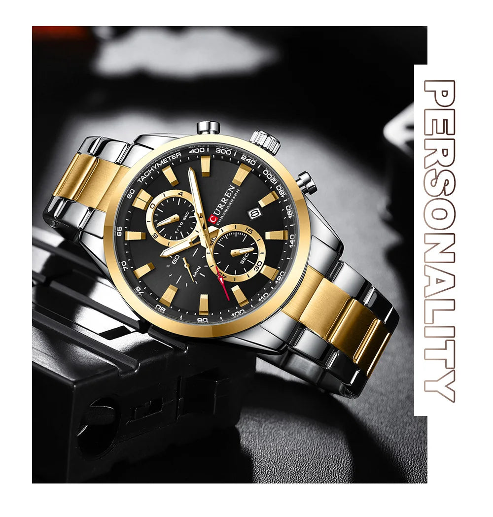 CURREN Quartz Chrono Sport Watch Brands for Men - Stainless Steel Bracelet and Multifunctional Dial