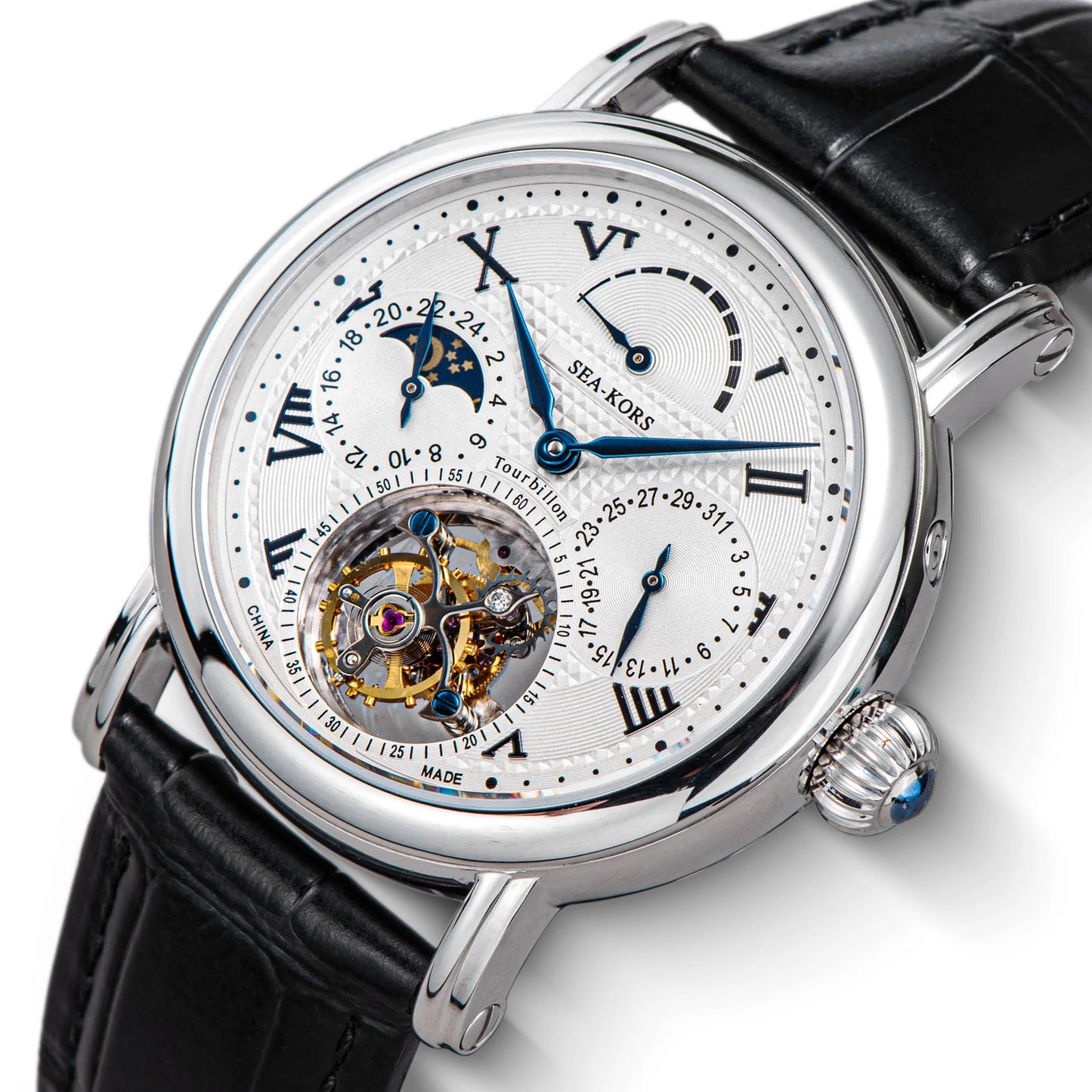 Sugess Seakors Men's Tourbillon Watch Original ST8007 Movement Skeleton Dial Moonphase Wristwatch 316L Case Sapphire