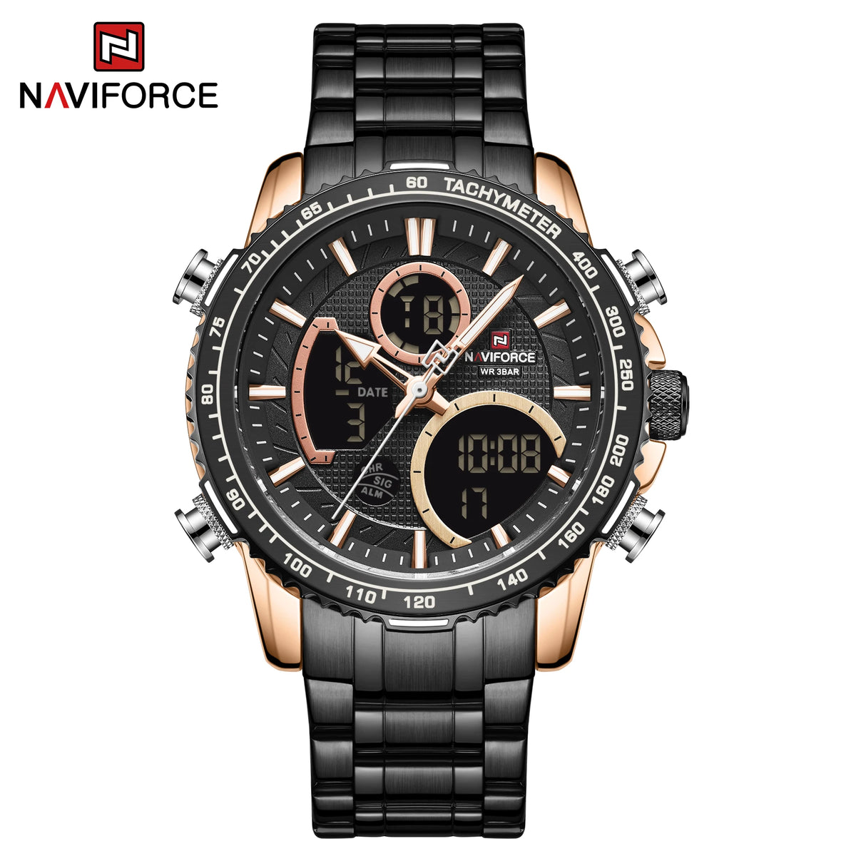 Relógio desportivo para homem NAVIFORCE – Relógio de pulso de luxo original em aço inoxidável, modelo militar estanque com duplo visor