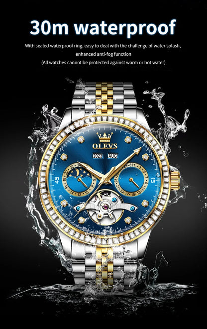 OLEVS 7016 Automatic Man Watch Stainless Steel Diamond Bezel Skeleton Flywheel Moon Phase Luminous Waterproof Mechanical Watches