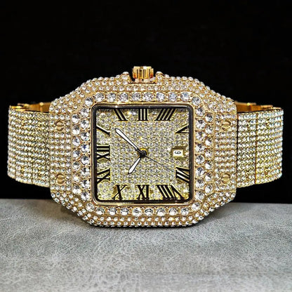 Hot UNIGUET Men's Square Watch Luxury Hip Hop Diamond Jewelry Waterproof Stainless Steel Quartz Wristwatch Fashion Man Accessory