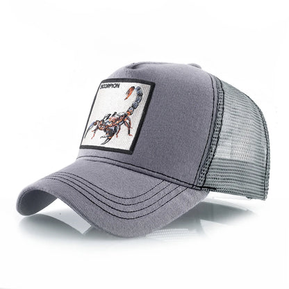 Unisex-trucker-kasket med broderet skorpion-patch, baseballkasket til mænd, snapback-hiphop-kasket til kvinder, udendørs kasket med visir i åndbart materiale