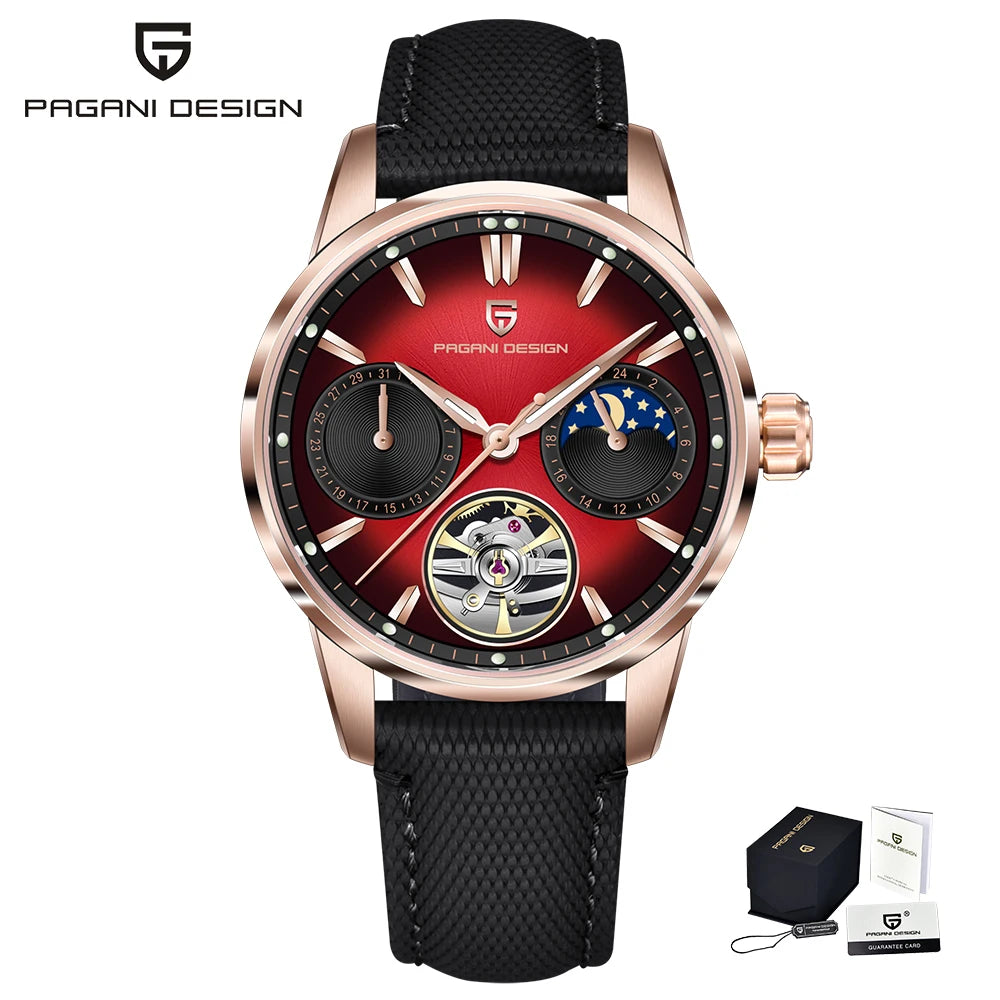 PAGANI DESIGN – Montre mécanique de luxe pour homme, 41 mm, verre saphir, bracelet en cuir, étanche, style pilote, avec tourbillon et phase de lune