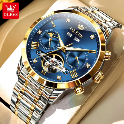 OLEVS Men's Watches Moon Phase Hollow Flywheel Exclusive Original Automatic Mechanical Watches For Men Luxury Man Watch New 7029