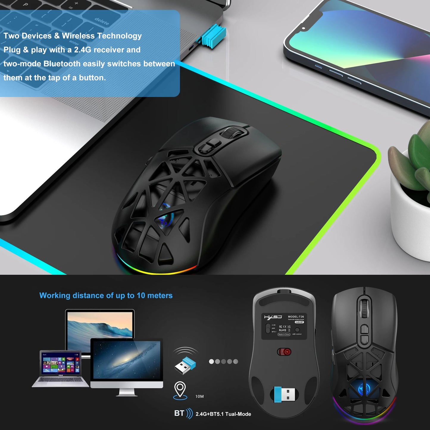 HXSJ T26 Dual Mode Gaming Mouse 2.4G+BT5.1 Wireless Mouse Gaming for Laptop 4800DPI Adjustable Ergonomic Optical Computer Gamer