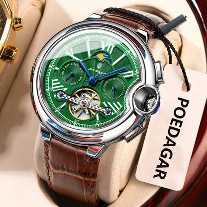 POEDAGAR herreur i luksuriøs og professionel stil med dato- og ugedagsvisning, tourbillon, rustfrit stålhus, mekanisk automatisk urværk og vandtæthed.