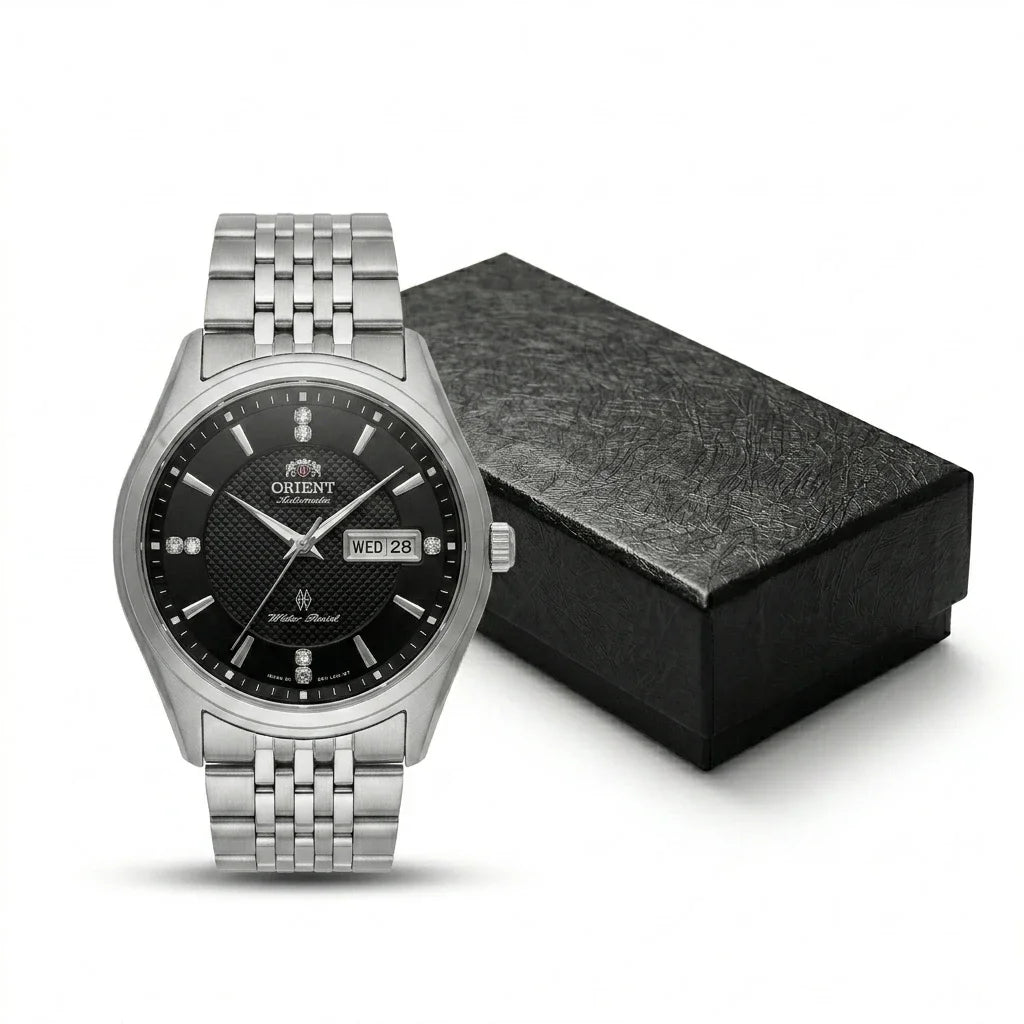 Orient mekanisk automatisk herreur med dobbelt kalender (dato og ugedag), krystalindekser og armbånd i rustfrit stål – Armbåndsur i professionel stil