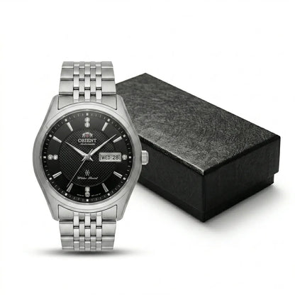 Orient mekanisk automatisk herreur med dobbelt kalender (dato og ugedag), krystalindekser og armbånd i rustfrit stål – Armbåndsur i professionel stil
