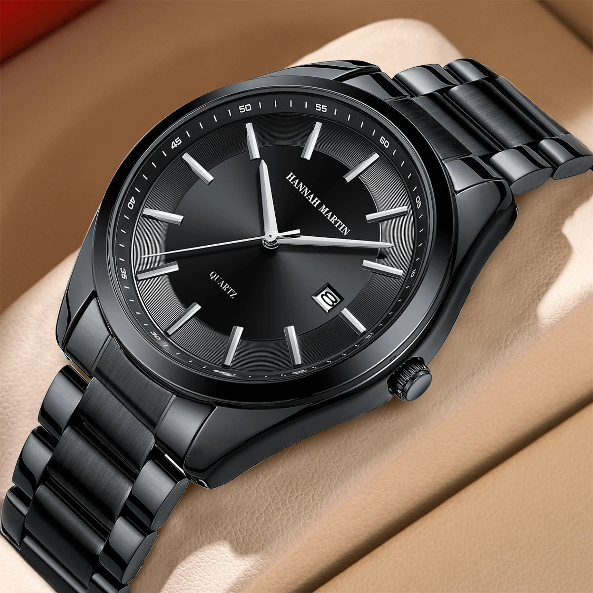 Relógio de quartzo HANNAH MARTIN, 40 mm, para homem, bracelete em aço inoxidável preto, resistente à água até 3 bar, estilo desportivo-chique