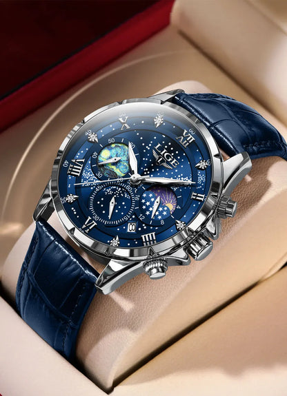 Relógio para homem LIGE – Relógio de quartzo de luxo, estilo descontraído, bracelete em pele, ideal para o trabalho ou para a prática desportiva, resistente à água, com data e cronógrafo.