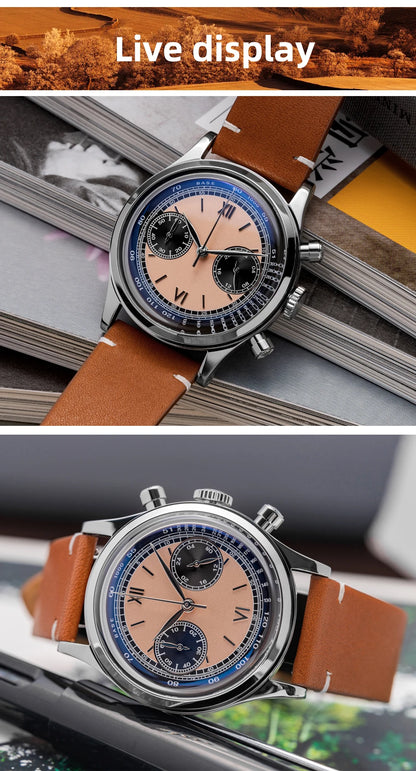 ADDIESDIVE AD2037 Men Quartz Watch Multifunctional 24 Hour Chronograph Black Dial Leather Watches 100m Dive Business Wristwatch