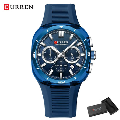 Relógio de homem CURREN – Novo modelo de luxo com movimento de quartzo, bracelete em silicone, estilo desportivo, multifunções, à prova de água, luminoso, com indicação da data e cronómetro.