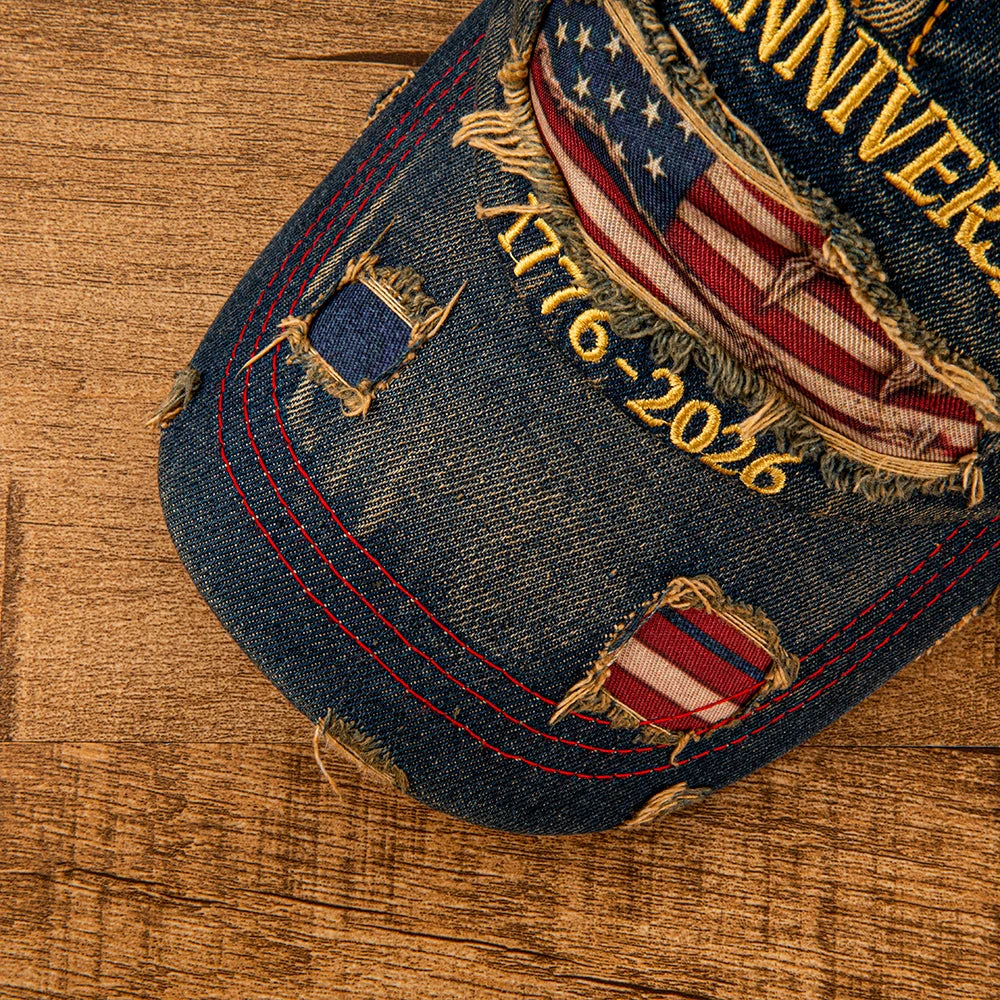 Retro kšiltovka z džínoviny s motivem americké vlajky k 250. výročí 1776–2026, v patinovaném vzhledu, nastavitelná, vlastenecká kšiltovka typu „dad hat“ pro muže i ženy