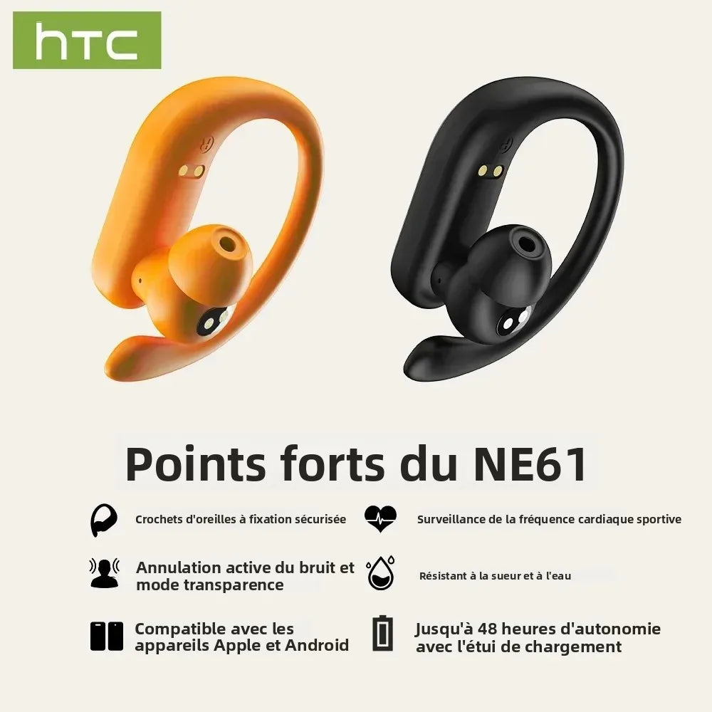 HTC NE61 Bluetooth Earphones Noise Reduction Sports Wireless Headphones AI Translator Heart Rate Monitor Earbuds