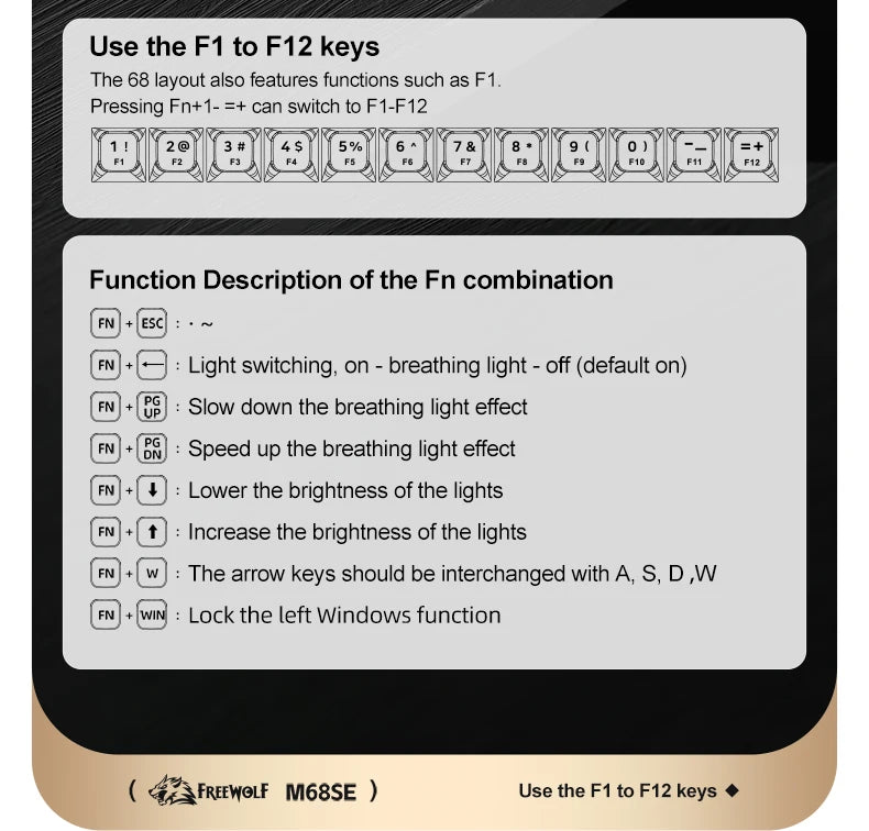 FREEWOLF M68SE Tastatur mit mechanischem Tippgefühl, 68 Tasten, Mini, kabelgebunden, kompakt und leise, für Laptops, Gaming und Bürogebrauch