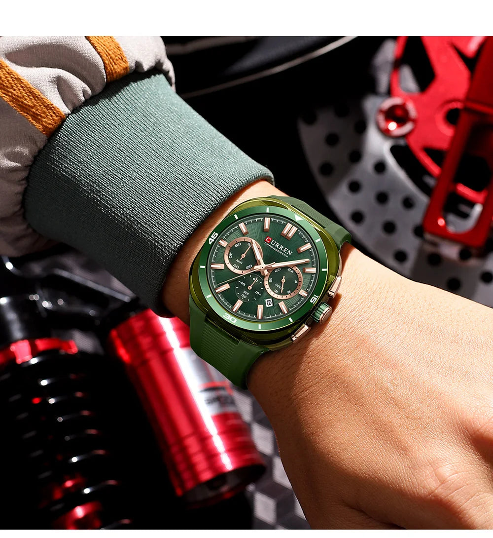 Relógio de homem CURREN – Novo modelo de luxo com movimento de quartzo, bracelete em silicone, estilo desportivo, multifunções, à prova de água, luminoso, com indicação da data e cronómetro.
