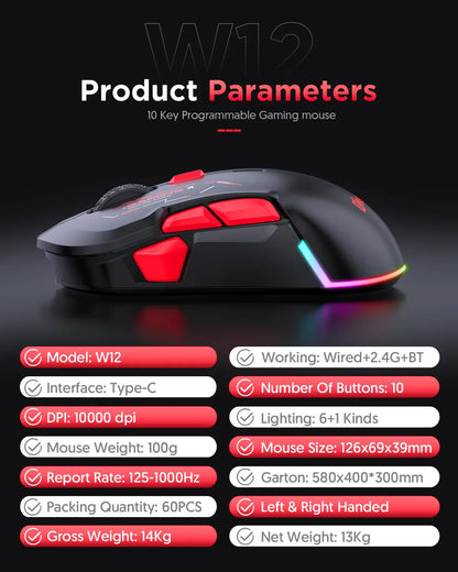 MKESPN W12 10-button Macro Gaming Mouse Both Hand Wireless Bluetooth Multi-channel Tri-mode Large RGB Ergonomic Ambidextrous