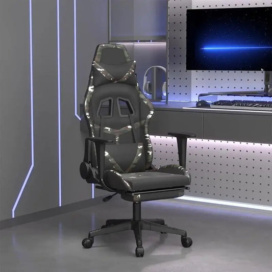 Gaming Chair Massage Footrest Black & Camouflage 67X64X116-127 cm in Imitation Leather, 360 Adjustable Reclining Seat ° Load Capacity 110 kg