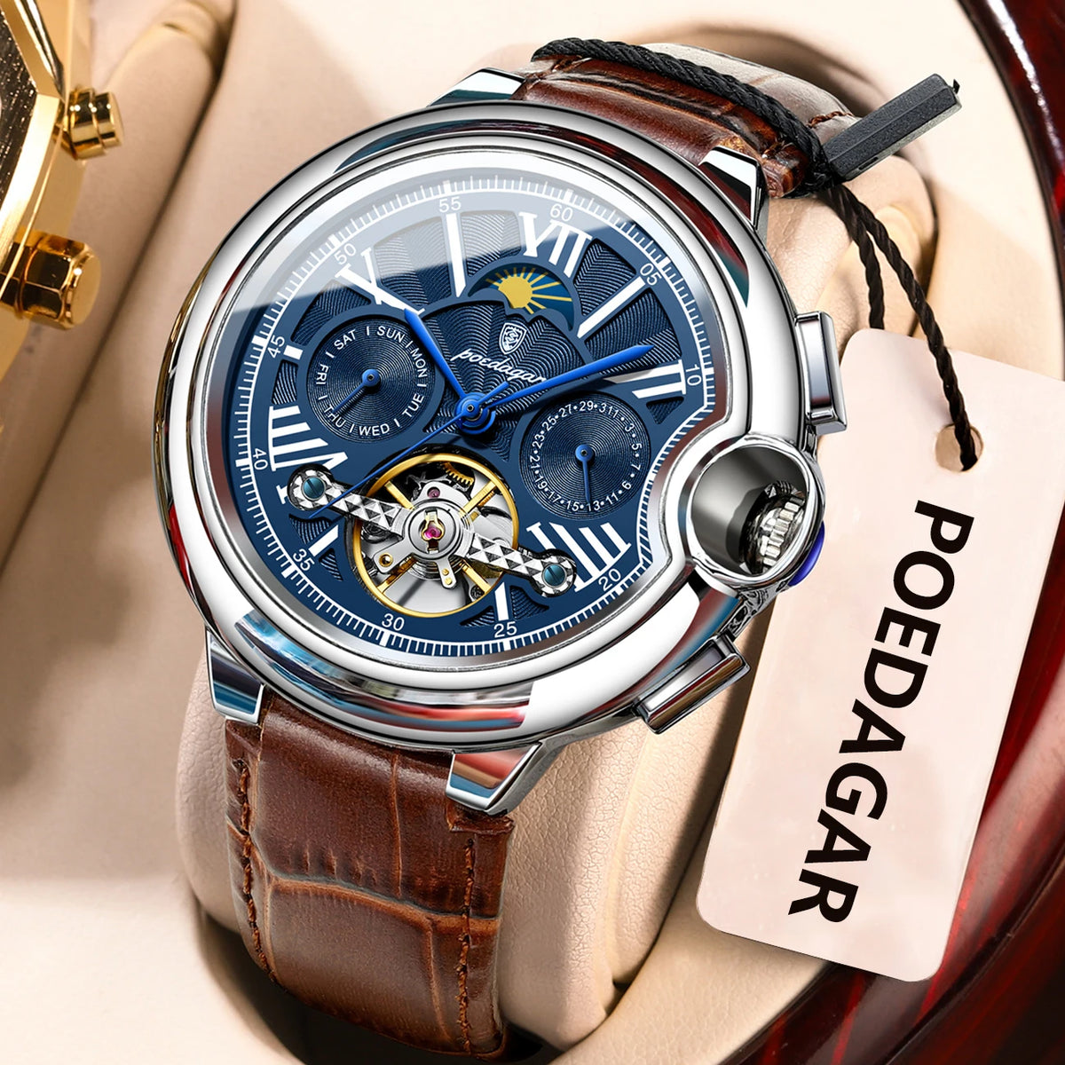 POEDAGAR herreur i luksuriøs og professionel stil med dato- og ugedagsvisning, tourbillon, rustfrit stålhus, mekanisk automatisk urværk og vandtæthed.