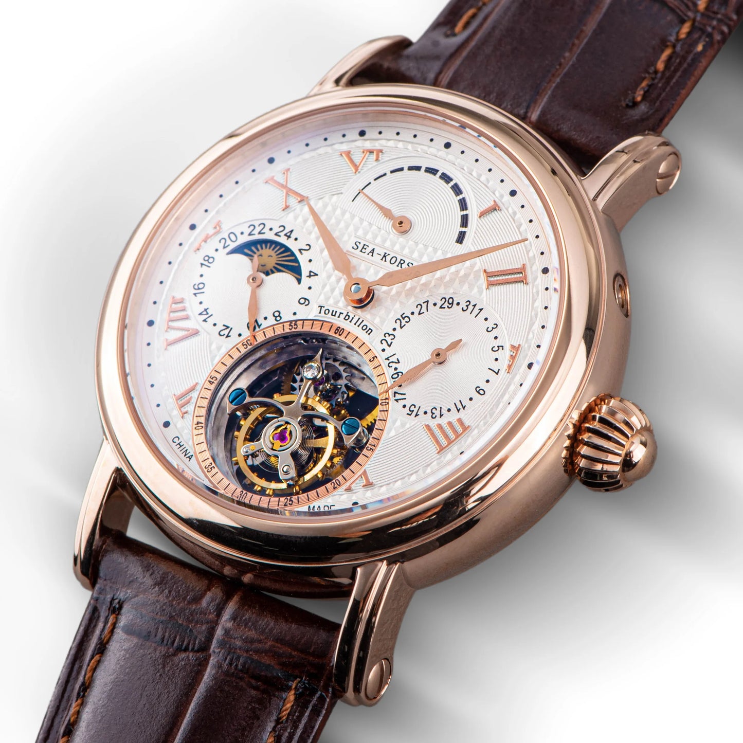 Sugess Seakors Men's Tourbillon Watch Original ST8007 Movement Skeleton Dial Moonphase Wristwatch 316L Case Sapphire