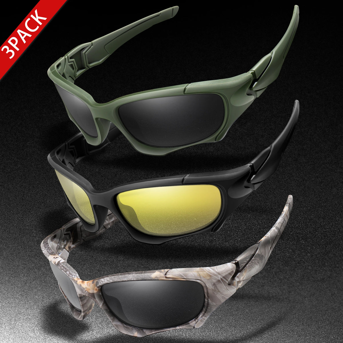 3-PACK Trendiga Outdoor Tactics-sportglasögon för män och kvinnor – cykelglasögon, bilkörning, camping, resor – färgglada skyddsglasögon