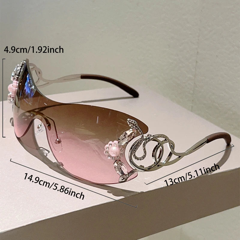Ochelari de soare KAMMPT fără ramă Y2k cu strasuri, pentru femei, monobloc, pentru activități în aer liber, cu design la modă și lentile cu gradient