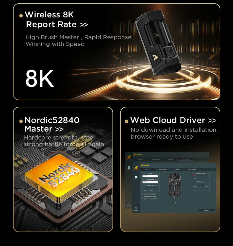 ATTACK SHARK R5 Ultra Carbon Fiber bezdrátová herní myš, herní snímač PixArt PAW3950MAX, 42000DPI, 8000Hz, MCU Nordic 52840