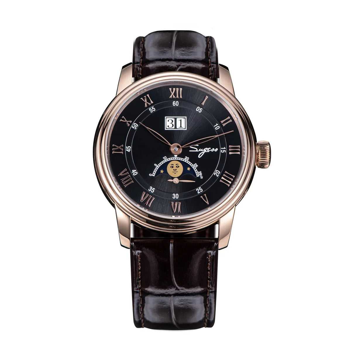 Sugess Moonphase Watch of Men 40mm Automatic Mechanical Wristwatches Seagul ST2528 Movement Stainless Steel Blue Sandstone Dial