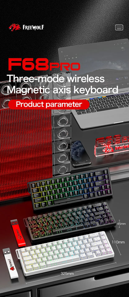 FREEWOLF F68 F68Pro Gaming Keyboard Magnetic Switch 3-Mode Wireless Bluetooth Wired, 8K/1K Polling RGB Hot-Swap RT VALORANT FPS